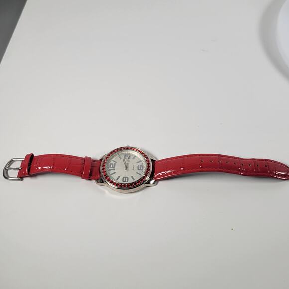 Red Crystal Bezel Quartz Watch with Leather Strap, Analog Display, 40mm Case - Picture 15 of 16